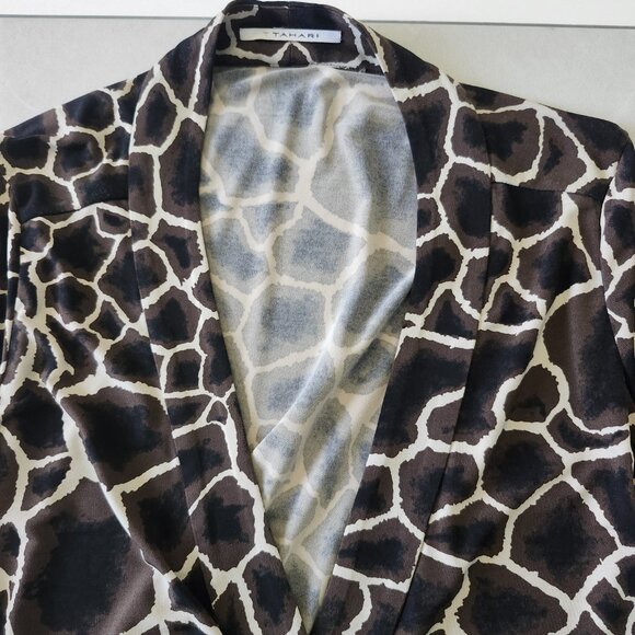 TAHARI | Brown and Black Giraffe Animal Print Wrap Dress - Picture 3 of 6